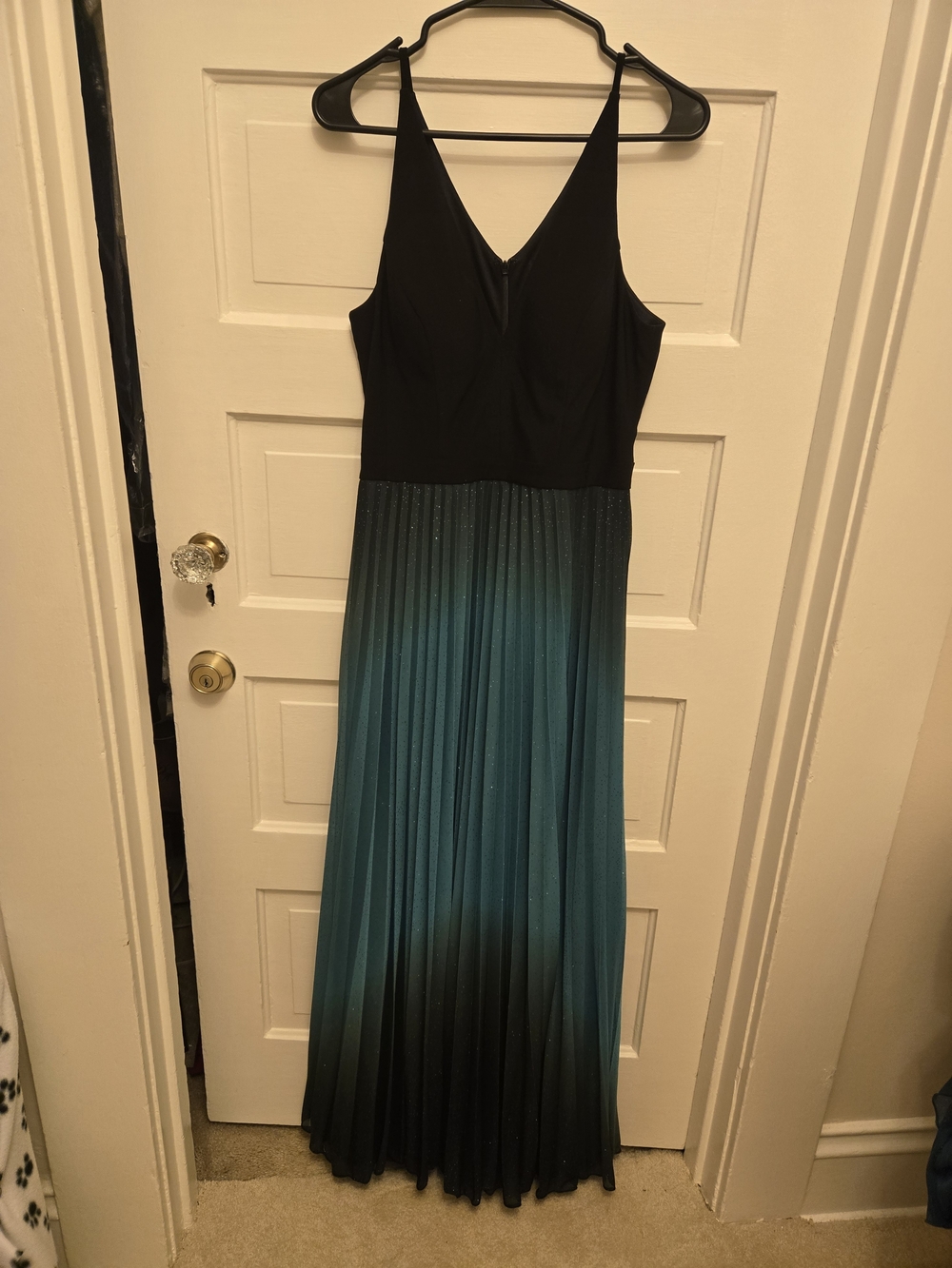 Betsy & Adam Black to Teal Ombre Pleated Maxi Dress